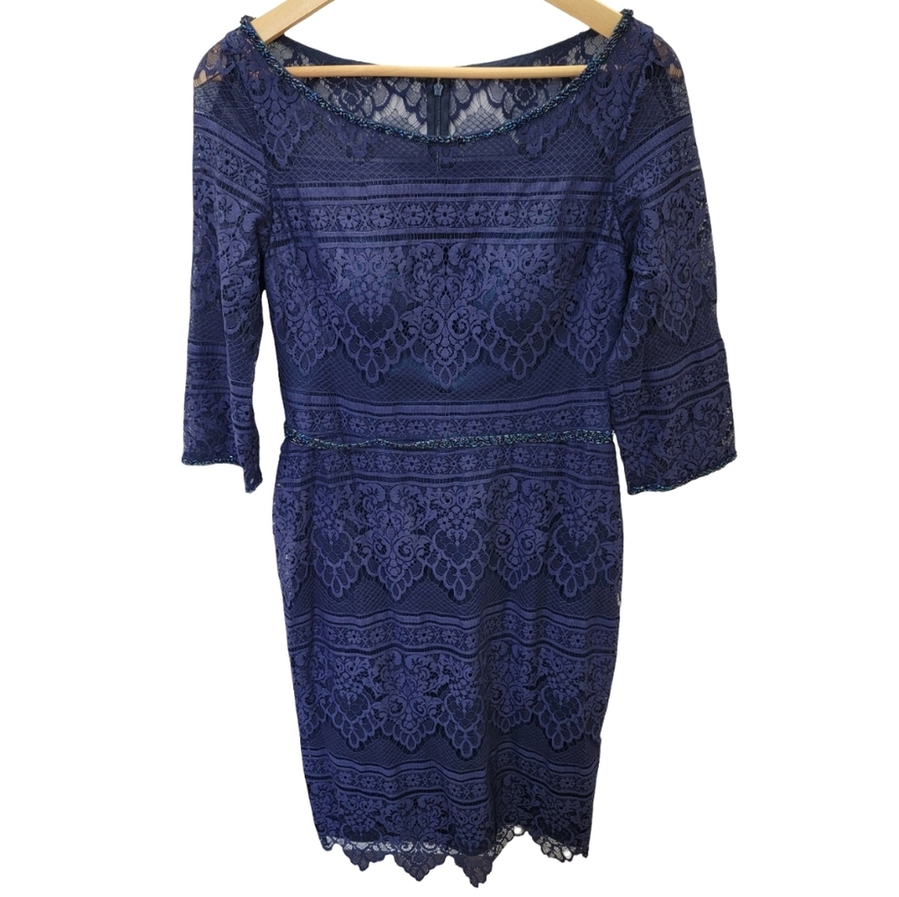 Social Occasions by Mon Cheri Navy Lace Midi Dress Beaded Wedding Guest Size 12 - Picture 6 of 17